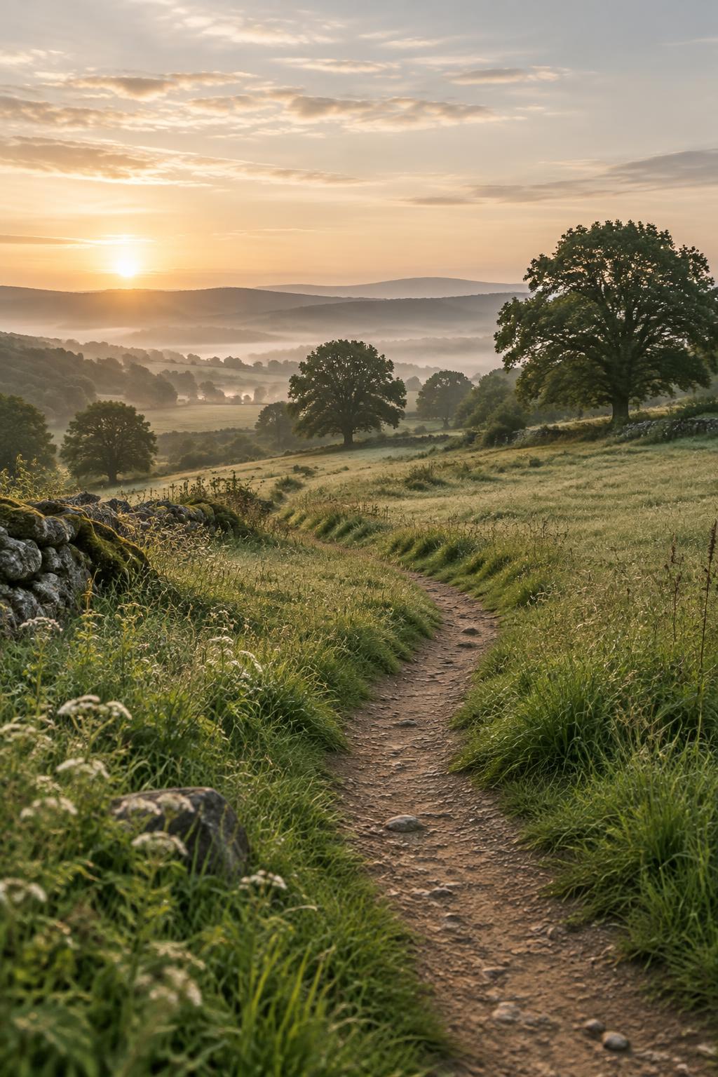 Weg durch eine Wiese in Richtung Horizont im Morgenlicht
